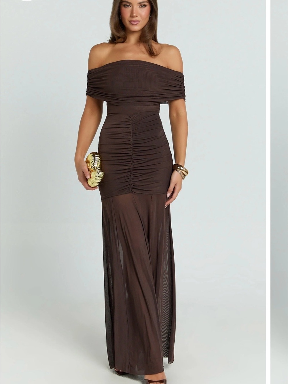 Showpo Brown Off-Shoulder Ruched Maxi Dress